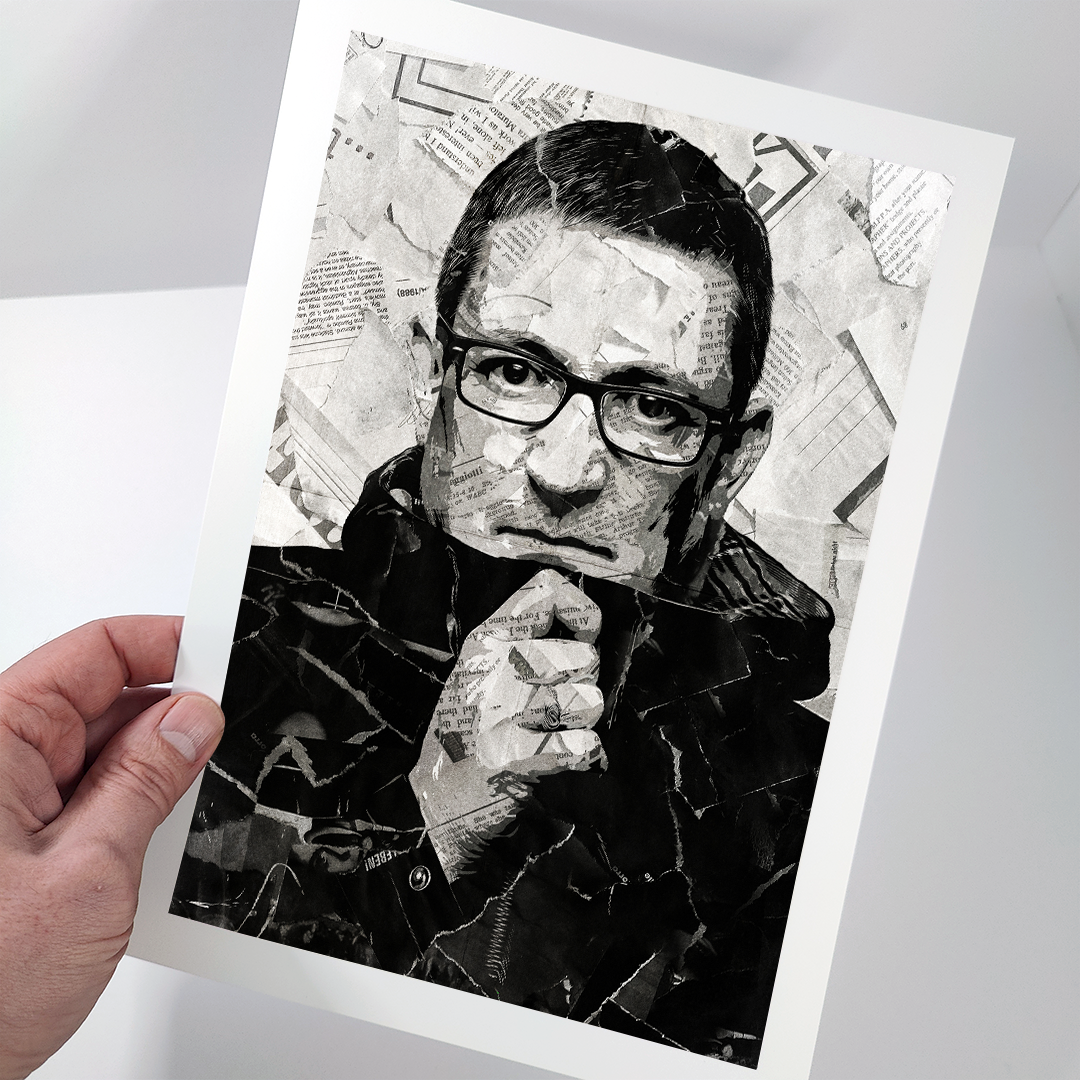 A Paul Heaton poster design - a portrait of Paul Heaton created using a collage of torn pieces of magazine pages in black and white.