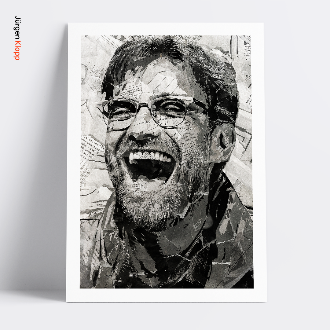 A Jürgen Klopp poster design - a portrait of Jürgen Klopp created using a collage of torn pieces of magazine pages in black and white.