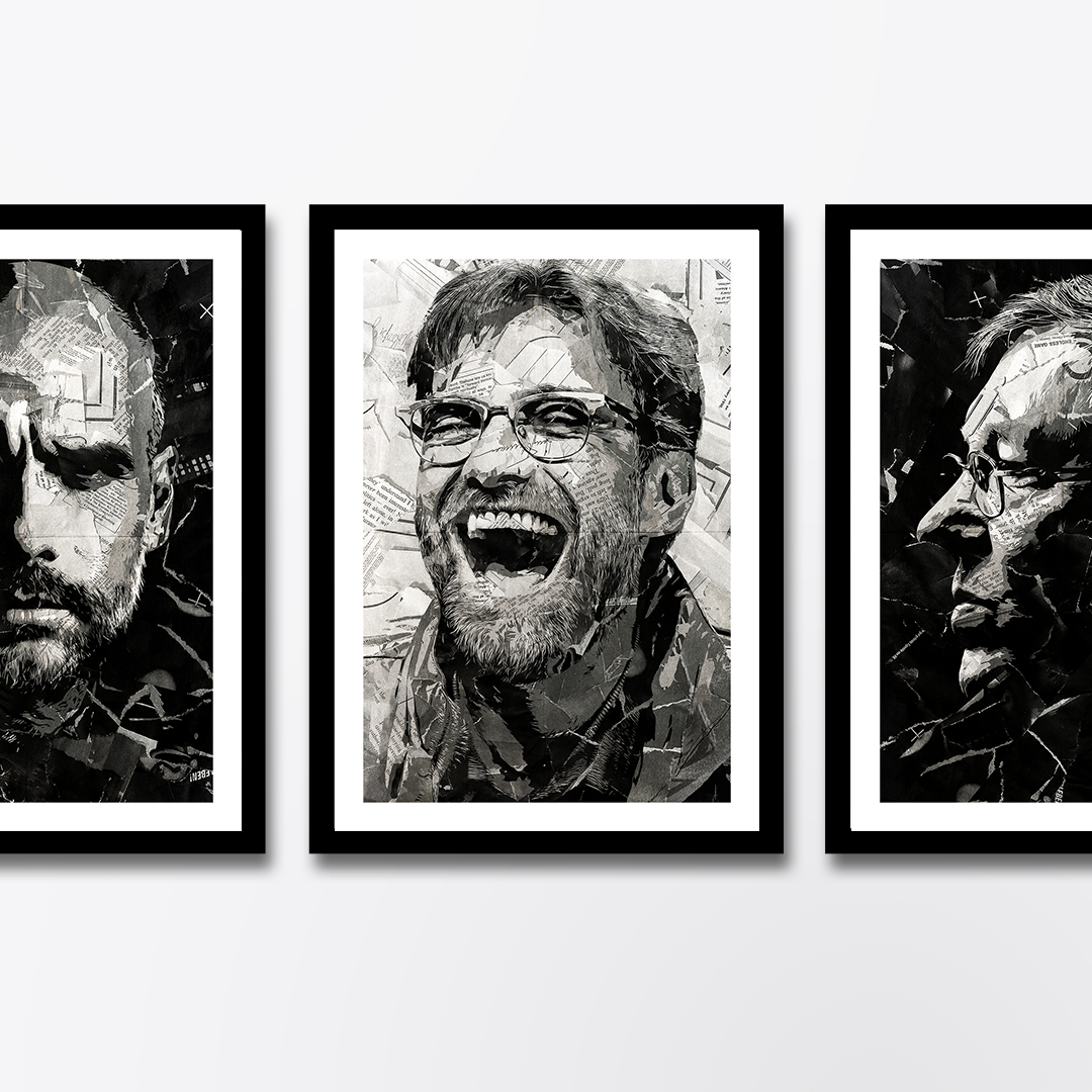A Jürgen Klopp poster design - a portrait of Jürgen Klopp created using a collage of torn pieces of magazine pages in black and white.