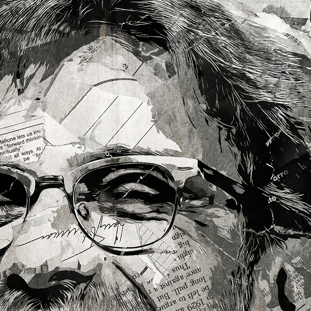 A Jürgen Klopp poster design - a portrait of Jürgen Klopp created using a collage of torn pieces of magazine pages in black and white.