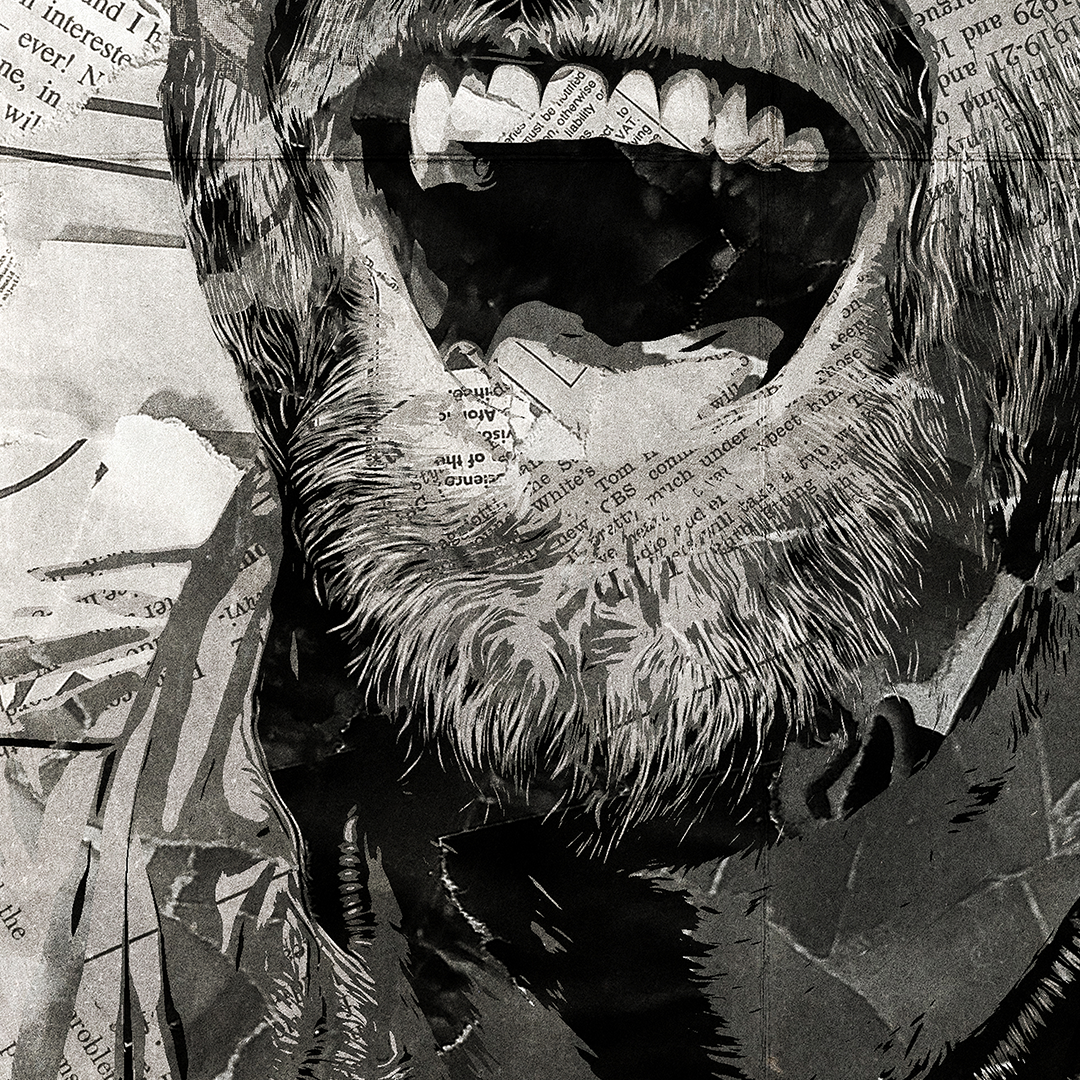A Jürgen Klopp poster design - a portrait of Jürgen Klopp created using a collage of torn pieces of magazine pages in black and white.