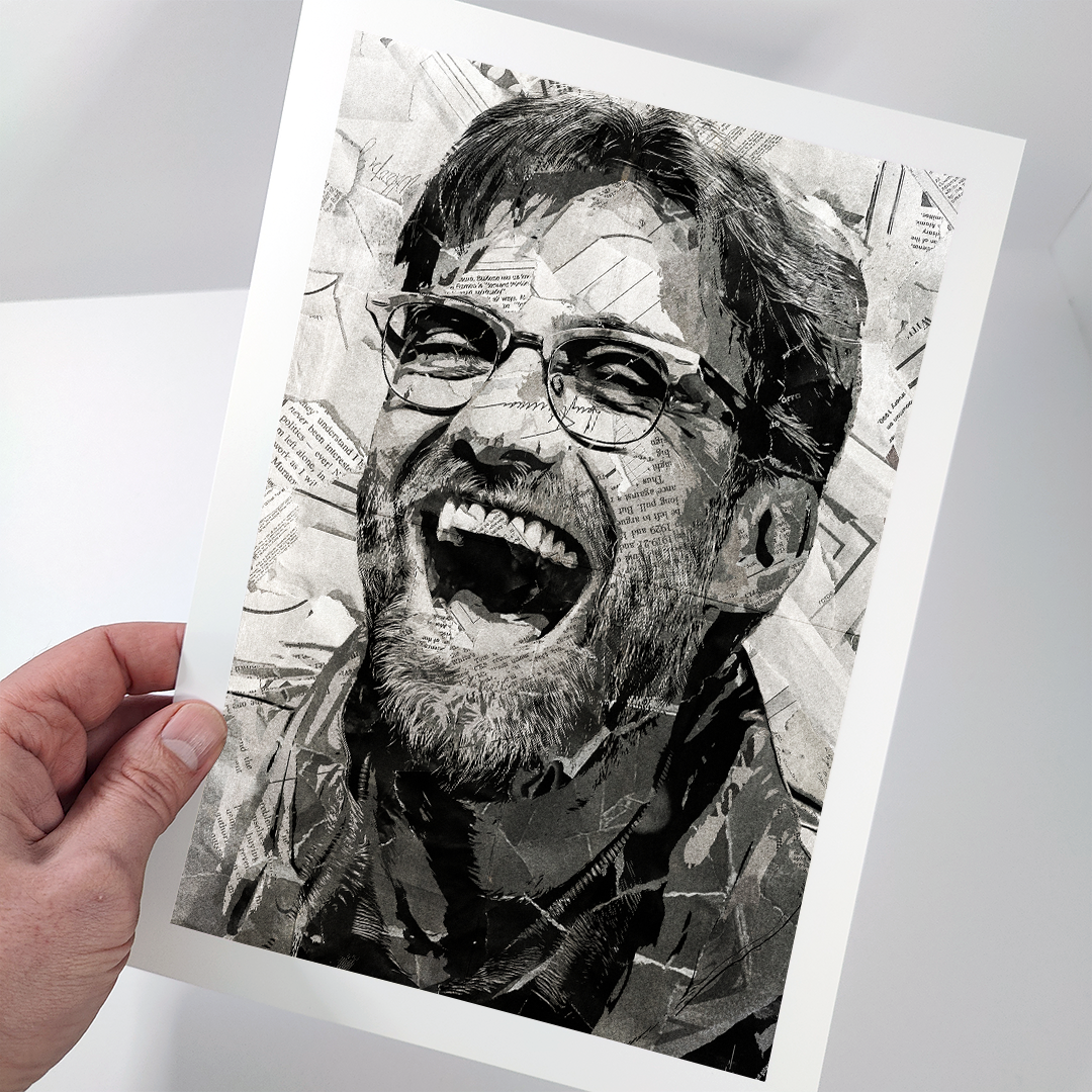 A Jürgen Klopp poster design - a portrait of Jürgen Klopp created using a collage of torn pieces of magazine pages in black and white.