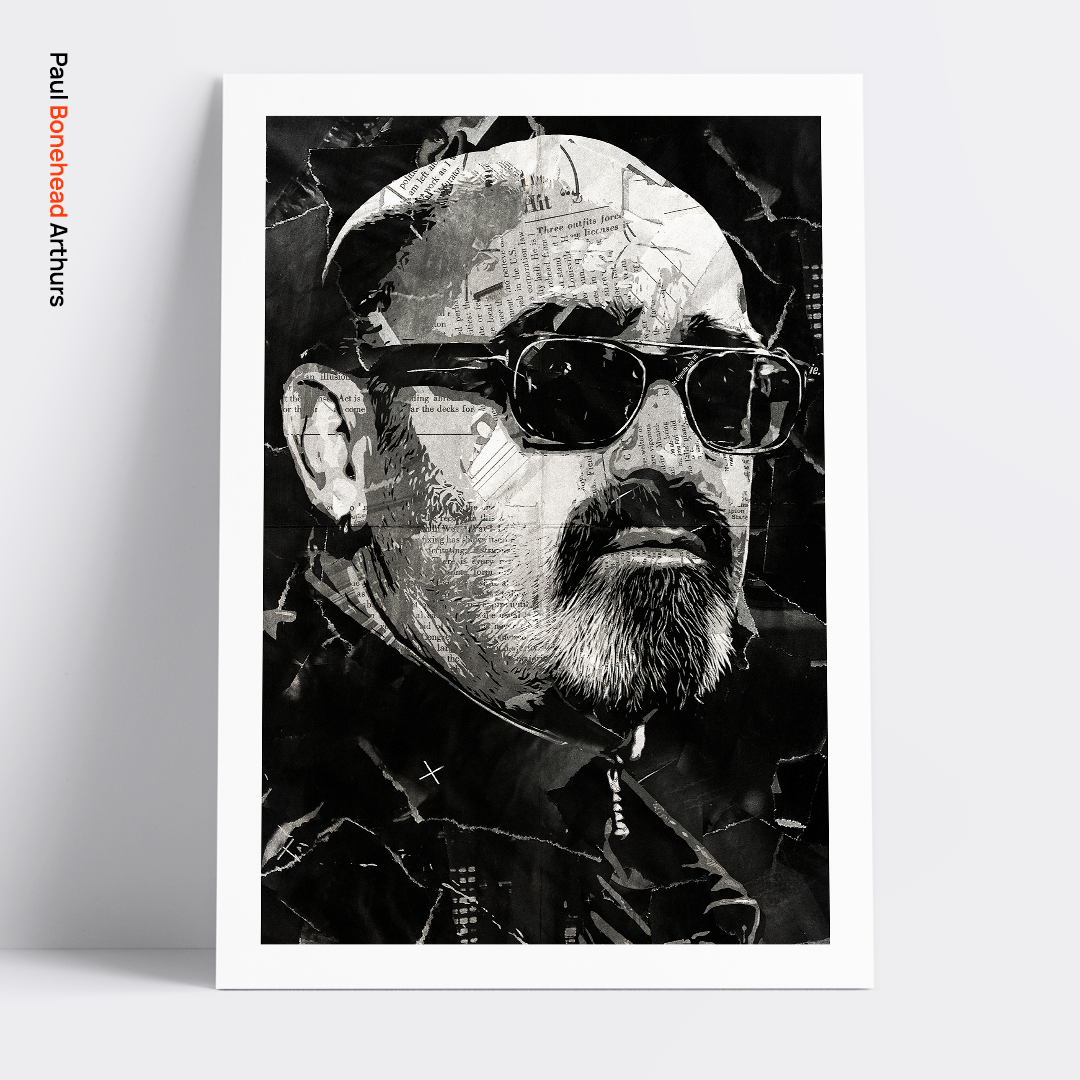 A Bonehead poster design - a portrait of Paul 'Bonehead' Arthurs created using a collage of torn pieces of magazine pages in black and white.