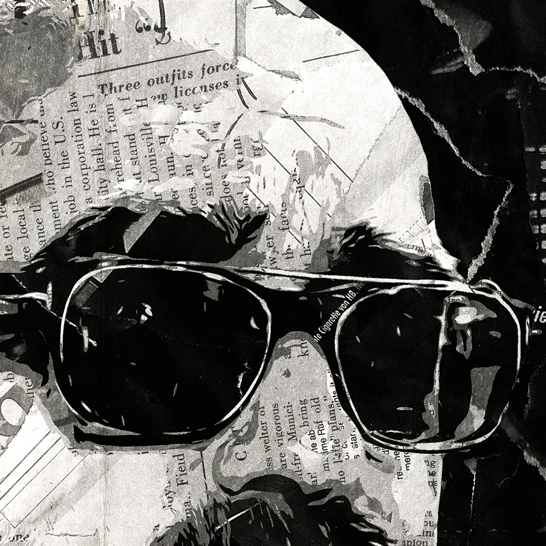 A Bonehead poster design - a portrait of Paul 'Bonehead' Arthurs created using a collage of torn pieces of magazine pages in black and white.
