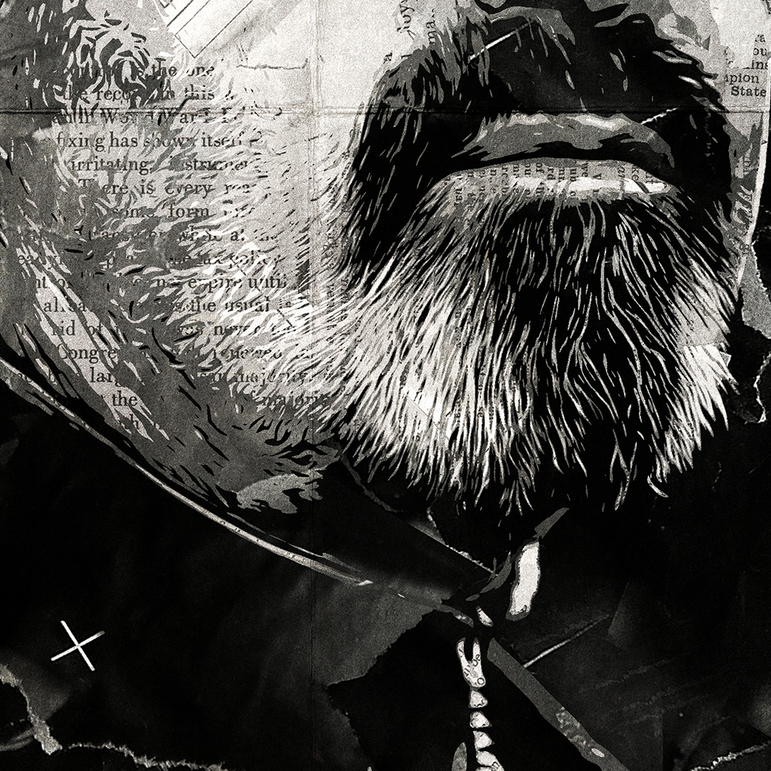 A Bonehead poster design - a portrait of Paul 'Bonehead' Arthurs created using a collage of torn pieces of magazine pages in black and white.