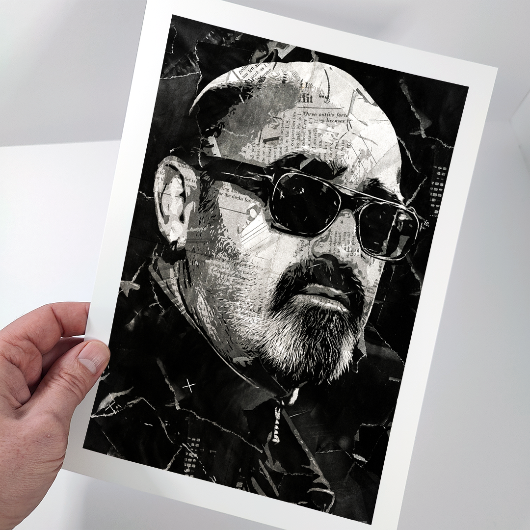 A Bonehead poster design - a portrait of Paul 'Bonehead' Arthurs created using a collage of torn pieces of magazine pages in black and white.
