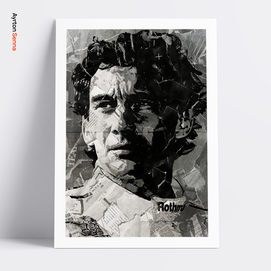 An Ayrton Senna poster design - a portrait of Senna made using a collage of torn pieces of magazine pages in black and white.