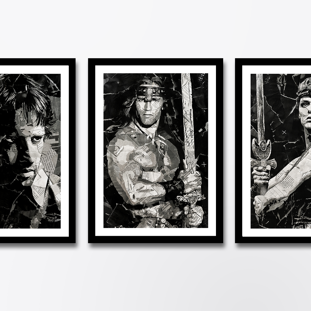 A Conan / Arnold Schwarzenegger poster design - a portrait of Conan made using a collage of torn pieces of magazine pages in black and white.
