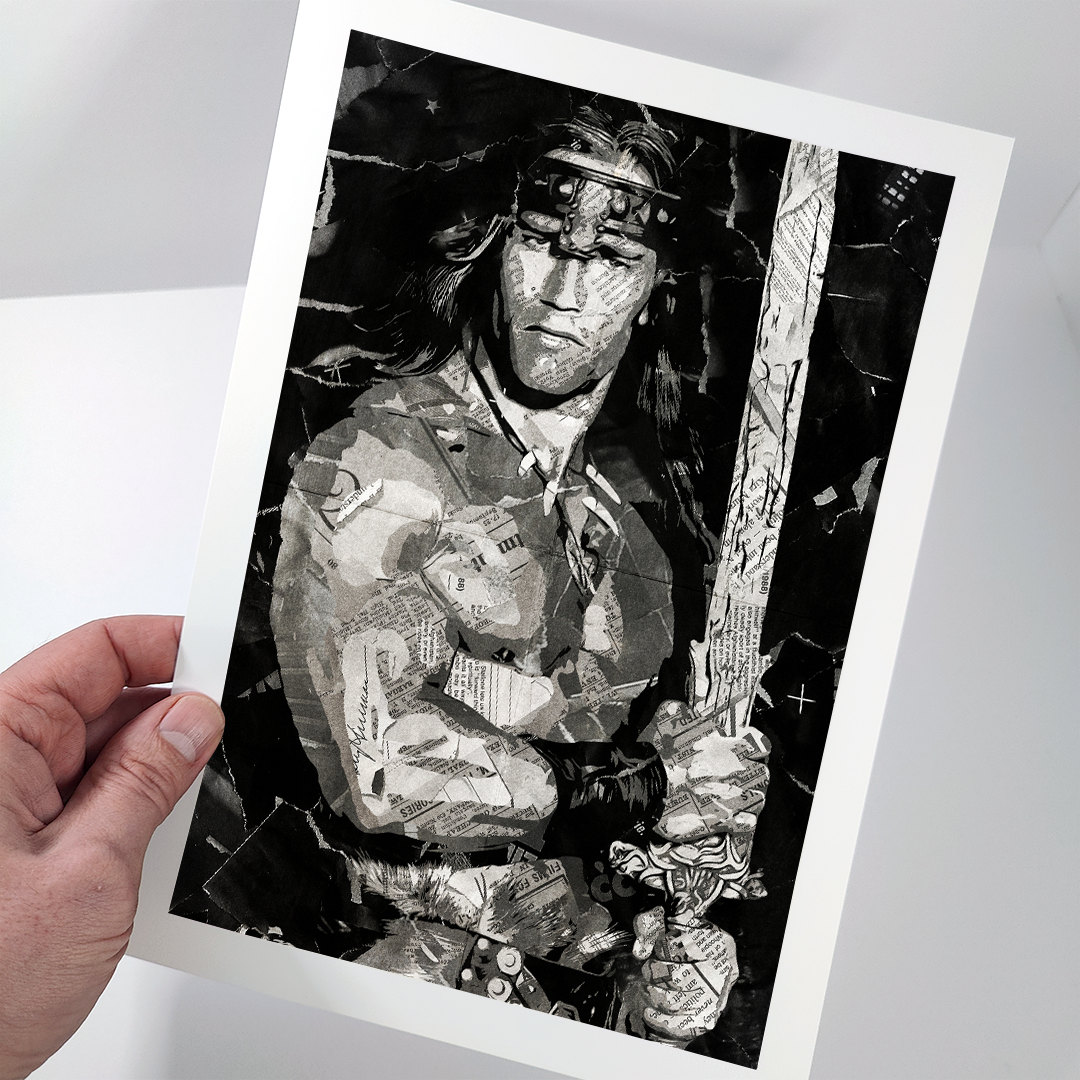 A Conan / Arnold Schwarzenegger poster design - a portrait of Conan made using a collage of torn pieces of magazine pages in black and white.