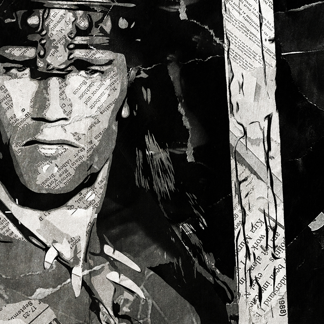 A Conan / Arnold Schwarzenegger poster design - a portrait of Conan made using a collage of torn pieces of magazine pages in black and white.