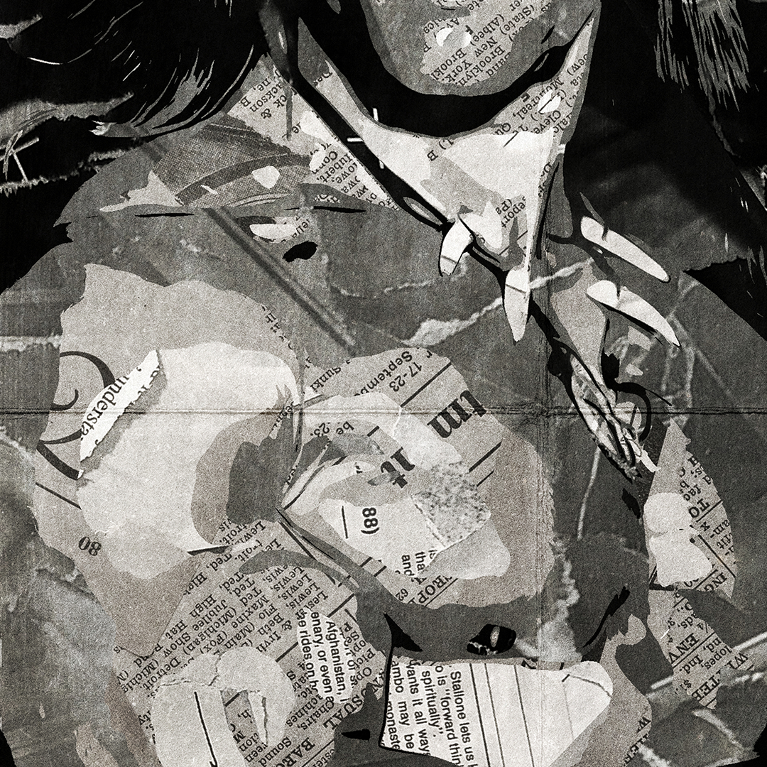 A Conan / Arnold Schwarzenegger poster design - a portrait of Conan made using a collage of torn pieces of magazine pages in black and white.