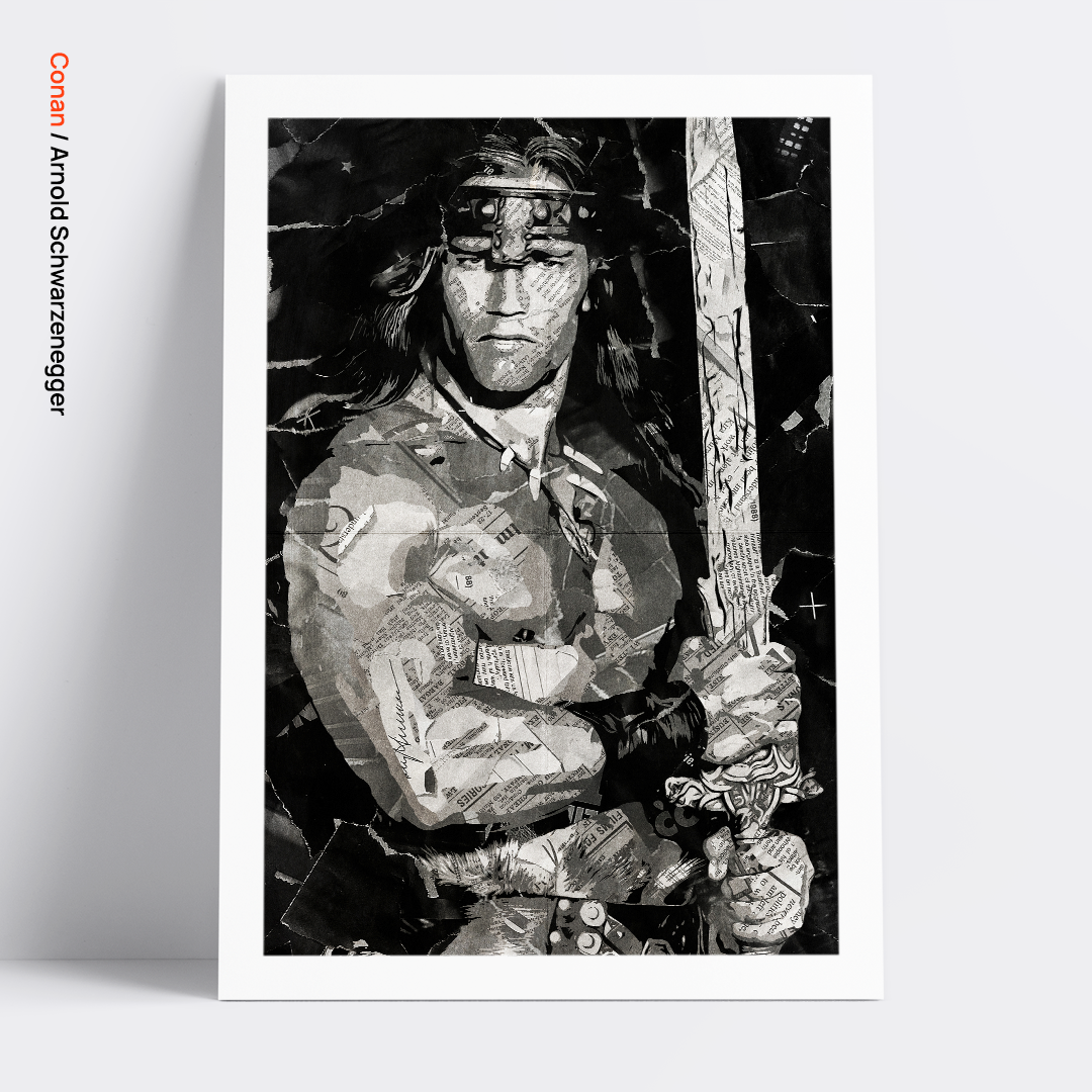 A Conan / Arnold Schwarzenegger poster design - a portrait of Conan made using a collage of torn pieces of magazine pages in black and white.
