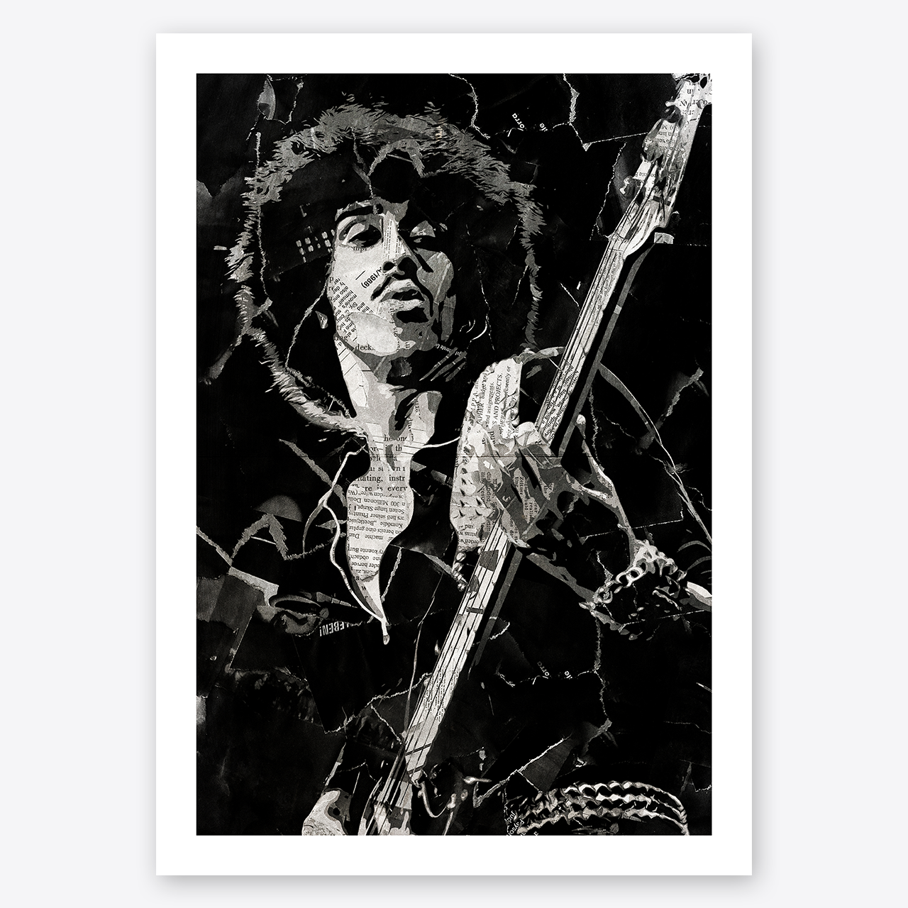 A Phil Lynott (Thin Lizzy) poster design - a portrait of Phil Lynott created using a collage of torn pieces of magazine pages in black and white.
