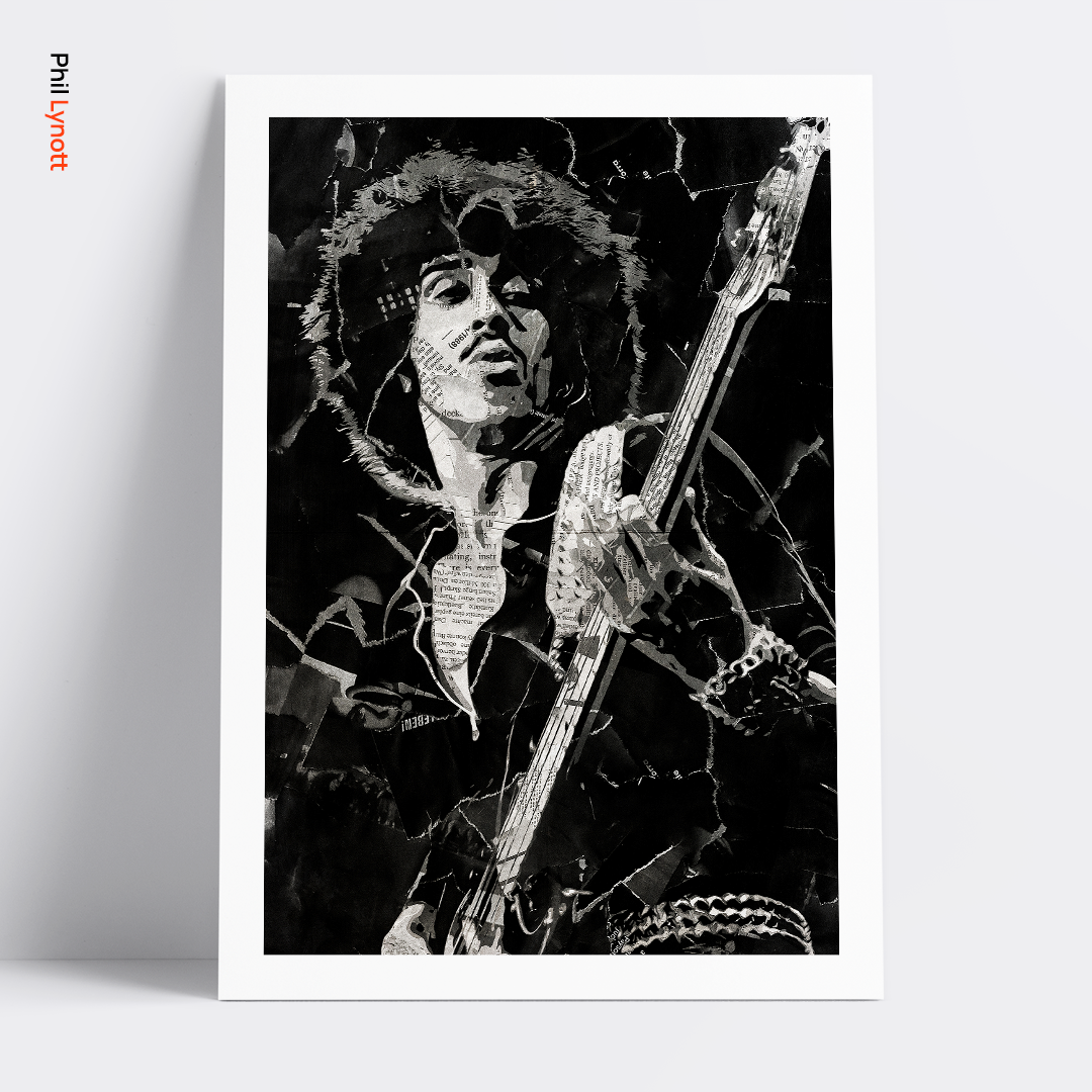 A Phil Lynott (Thin Lizzy) poster design - a portrait of Phil Lynott created using a collage of torn pieces of magazine pages in black and white.