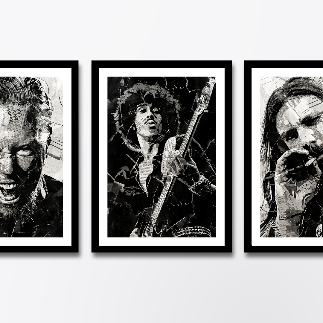 A Phil Lynott (Thin Lizzy) poster design - a portrait of Phil Lynott created using a collage of torn pieces of magazine pages in black and white.