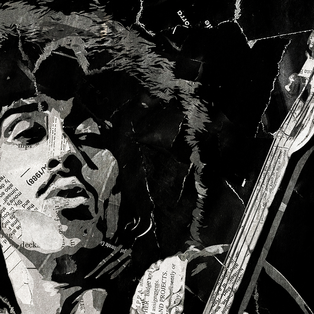 A Phil Lynott (Thin Lizzy) poster design - a portrait of Phil Lynott created using a collage of torn pieces of magazine pages in black and white.