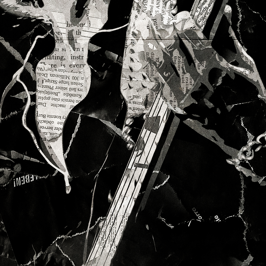 A Phil Lynott (Thin Lizzy) poster design - a portrait of Phil Lynott created using a collage of torn pieces of magazine pages in black and white.