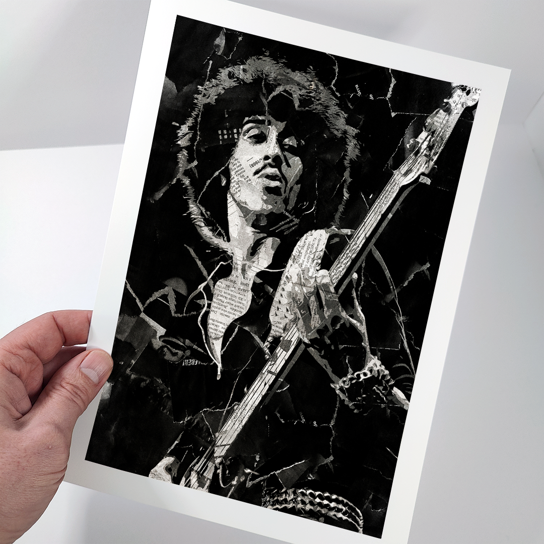 A Phil Lynott (Thin Lizzy) poster design - a portrait of Phil Lynott created using a collage of torn pieces of magazine pages in black and white.