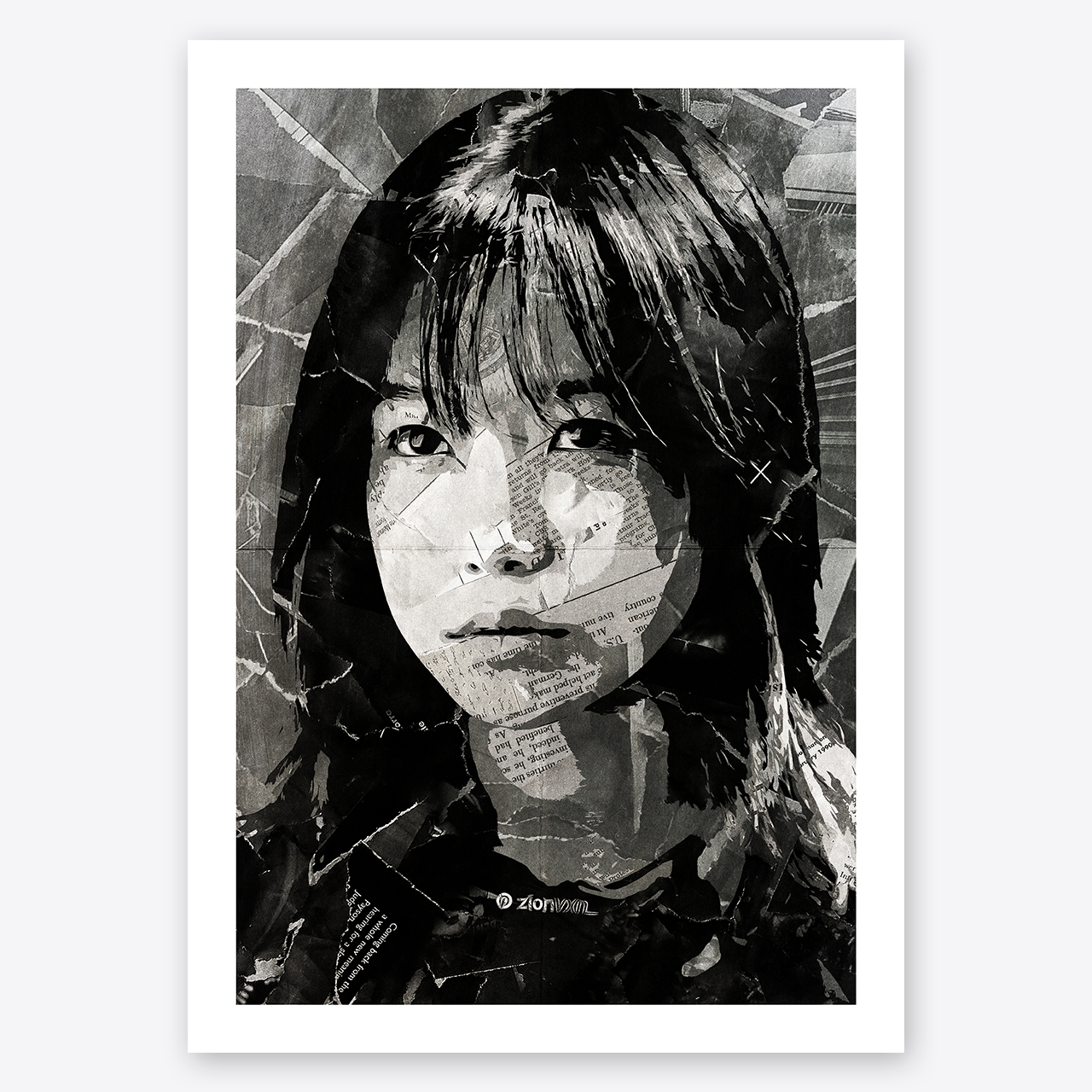 A Player 222 (Squid Game) poster design - a portrait of Player 222 created using a collage of torn pieces of magazine pages in black and white.