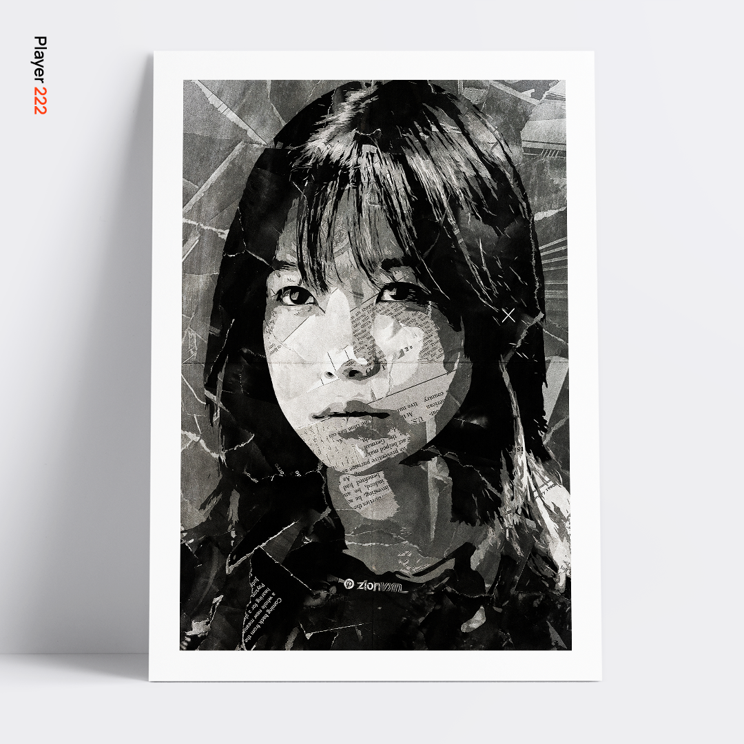 A Player 222 (Squid Game) poster design - a portrait of Player 222 created using a collage of torn pieces of magazine pages in black and white.