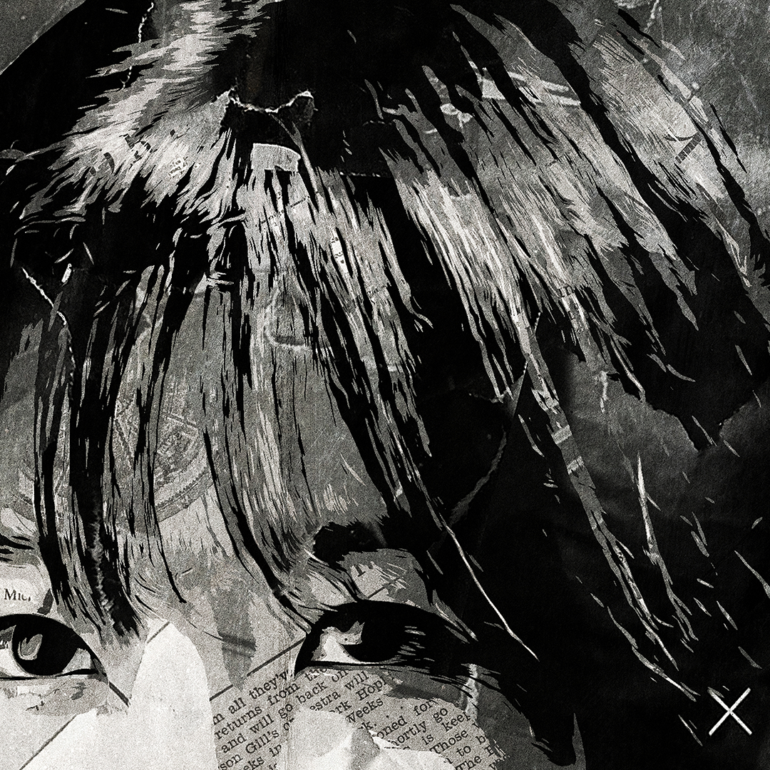 A Player 222 (Squid Game) poster design - a portrait of Player 222 created using a collage of torn pieces of magazine pages in black and white.