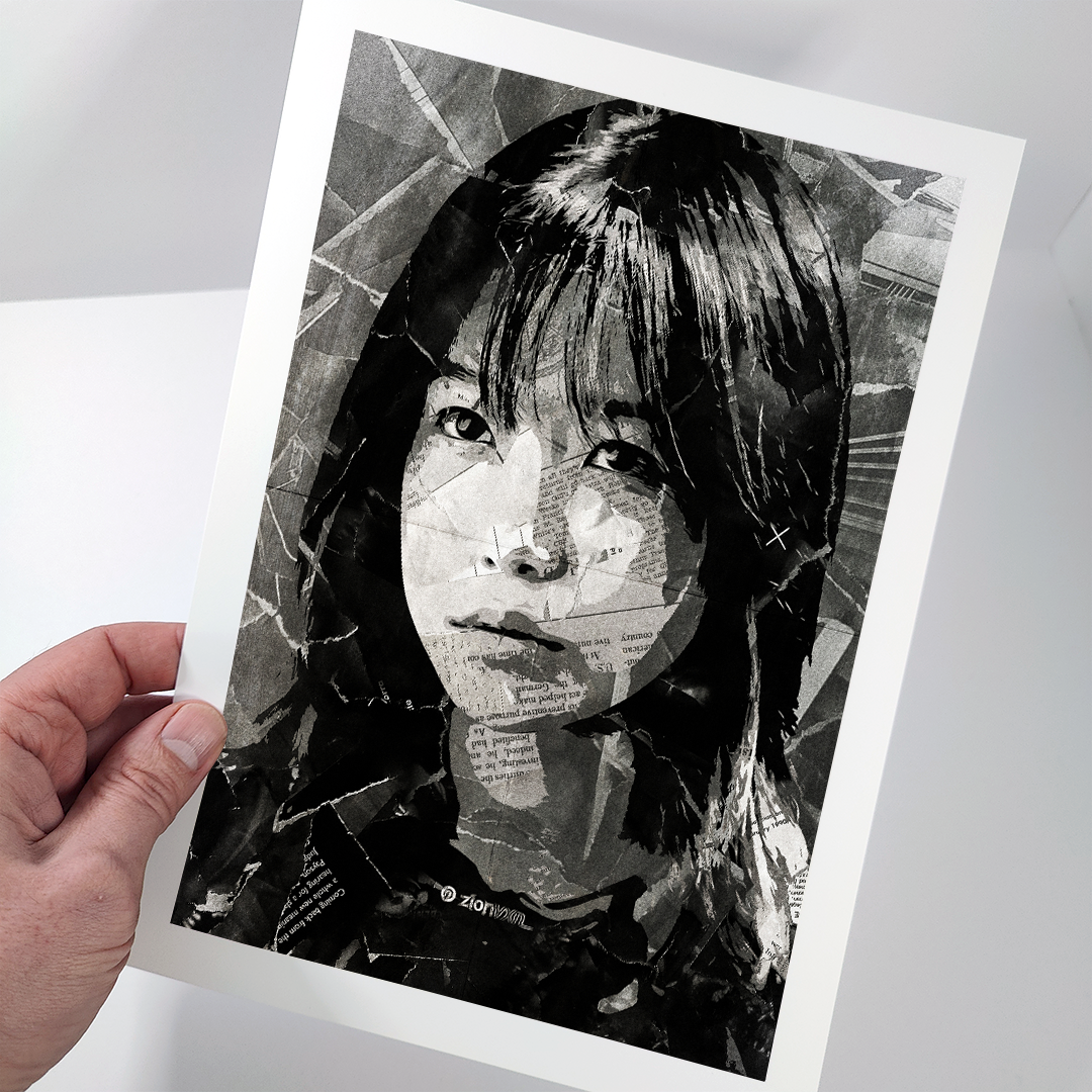 A Player 222 (Squid Game) poster design - a portrait of Player 222 created using a collage of torn pieces of magazine pages in black and white.