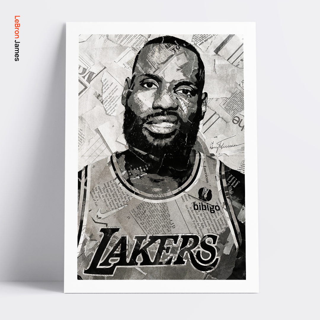 A LeBron James poster design - a portrait of LeBron James created using a collage of torn pieces of magazine pages in black and white.