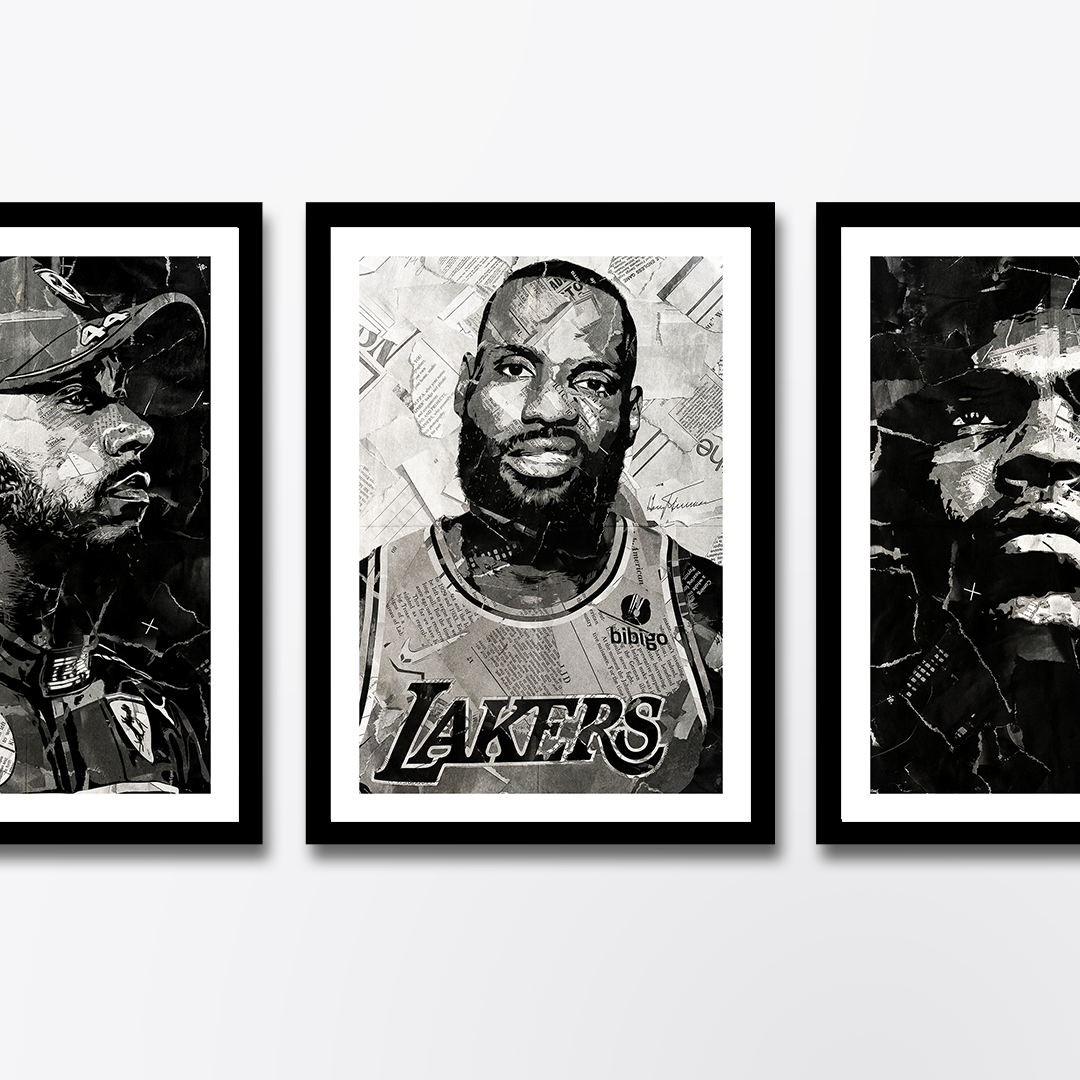A LeBron James poster design - a portrait of LeBron James created using a collage of torn pieces of magazine pages in black and white.