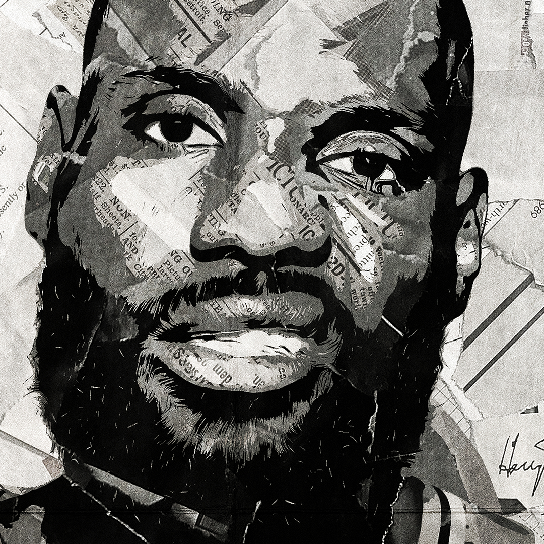 A LeBron James poster design - a portrait of LeBron James created using a collage of torn pieces of magazine pages in black and white.