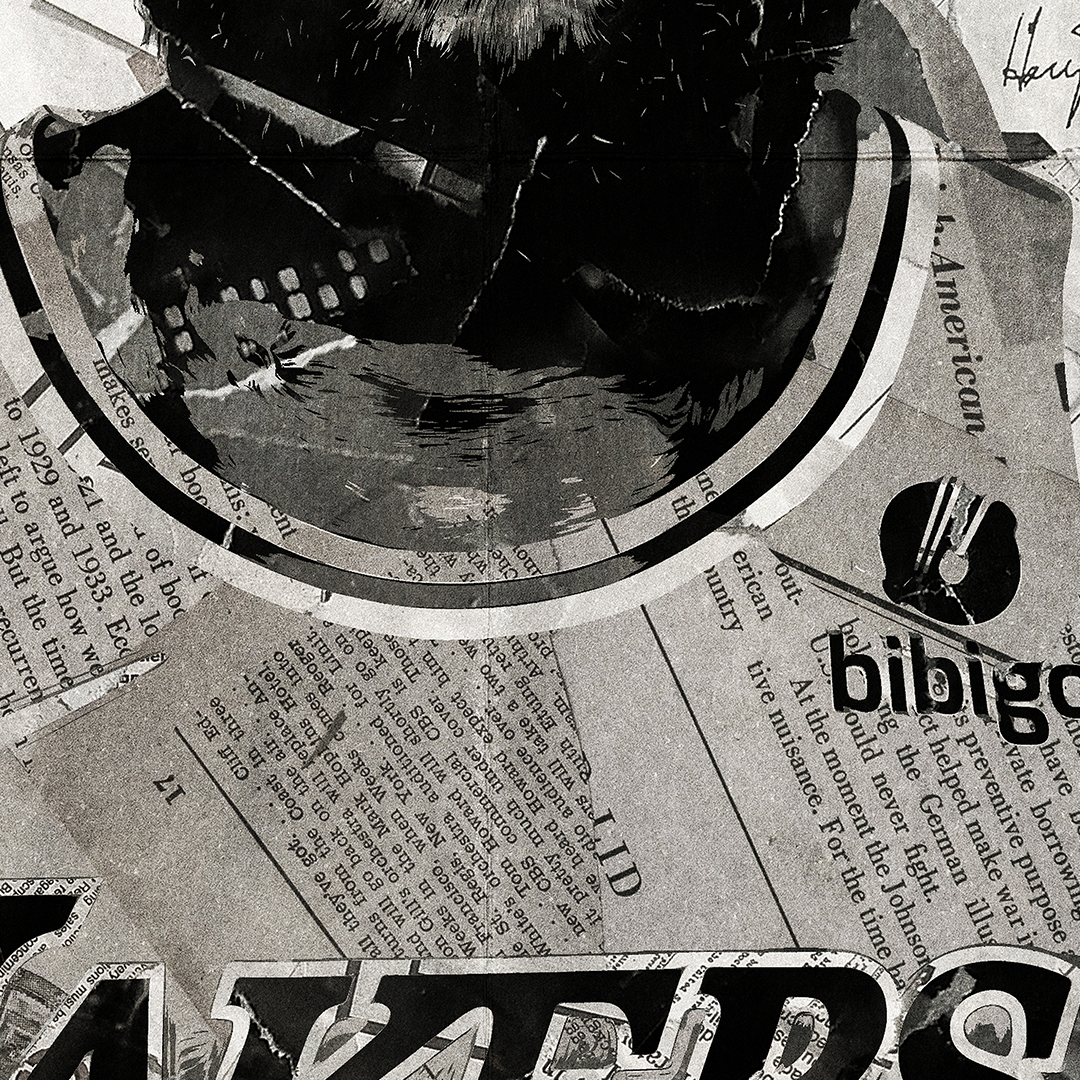 A LeBron James poster design - a portrait of LeBron James created using a collage of torn pieces of magazine pages in black and white.