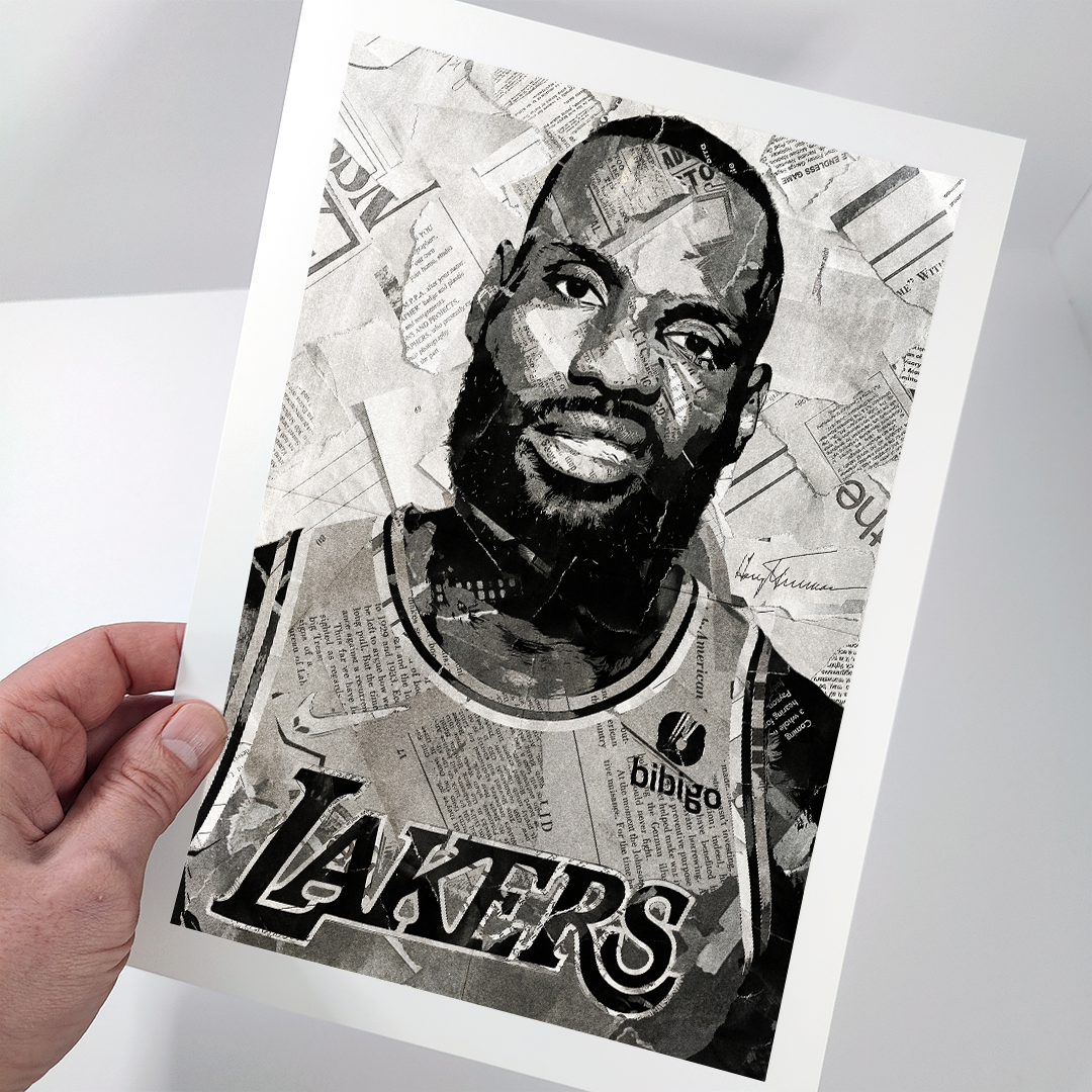 A LeBron James poster design - a portrait of LeBron James created using a collage of torn pieces of magazine pages in black and white.