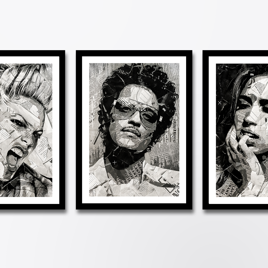 A Bruno Mars poster design - a portrait of Bruno made using a collage of torn pieces of magazine pages in black and white.