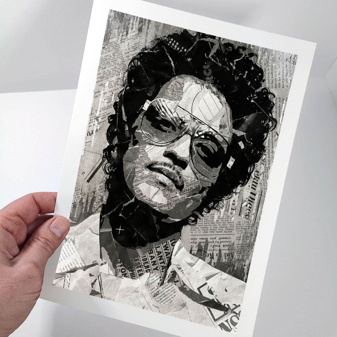 A Bruno Mars poster design - a portrait of Bruno made using a collage of torn pieces of magazine pages in black and white.