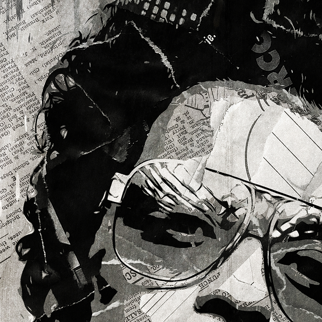 A Bruno Mars poster design - a portrait of Bruno made using a collage of torn pieces of magazine pages in black and white.