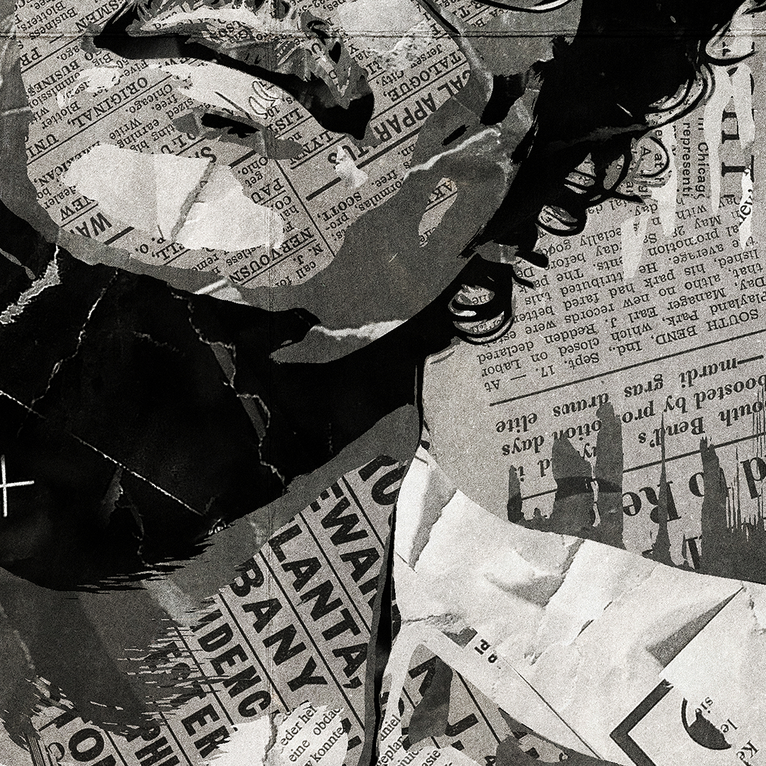 A Bruno Mars poster design - a portrait of Bruno made using a collage of torn pieces of magazine pages in black and white.