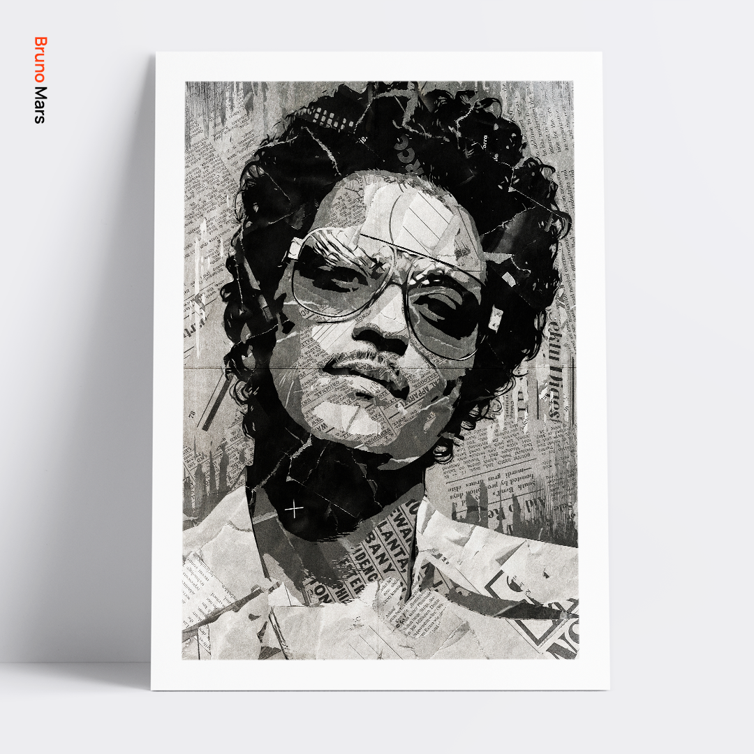 A Bruno Mars poster design - a portrait of Bruno made using a collage of torn pieces of magazine pages in black and white.