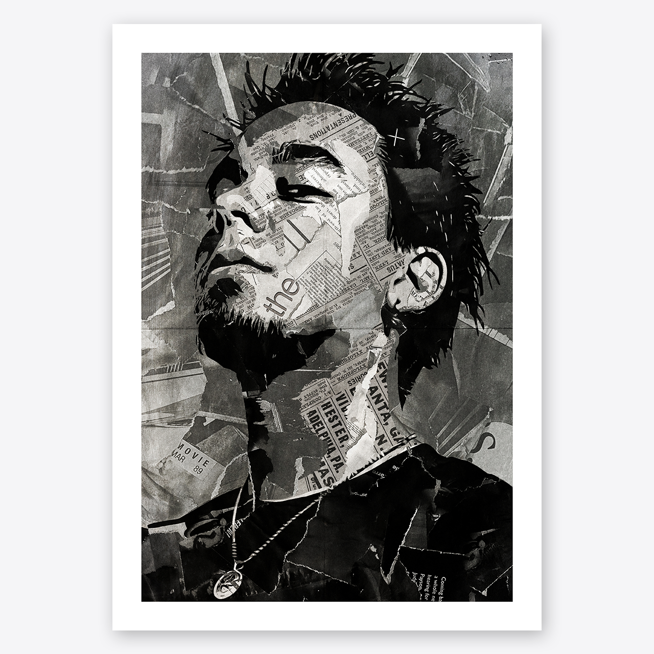 A Mike Shinoda (Linkin Park) poster design - a portrait of Mike Shinoda created using a collage of torn pieces of magazine pages in black and white.