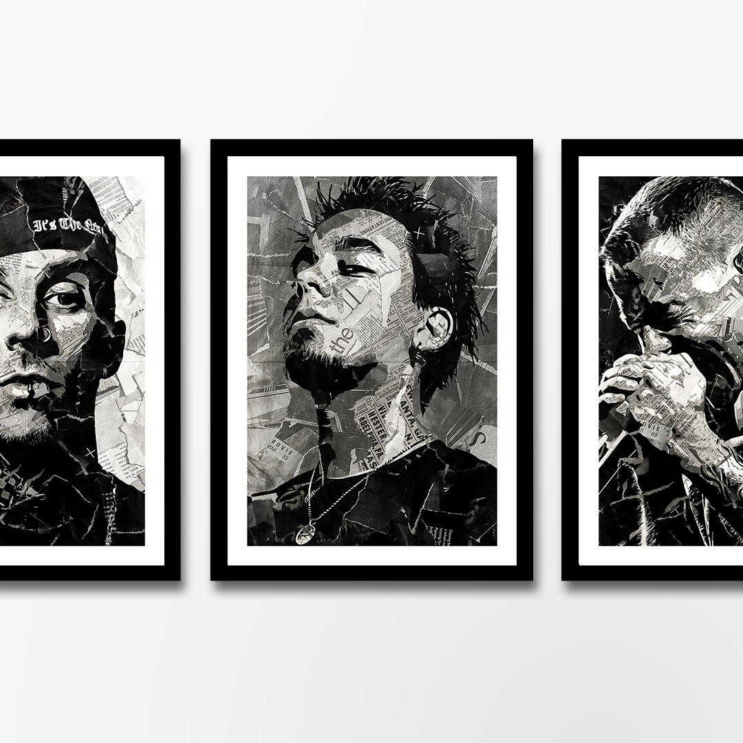 A Mike Shinoda (Linkin Park) poster design - a portrait of Mike Shinoda created using a collage of torn pieces of magazine pages in black and white.