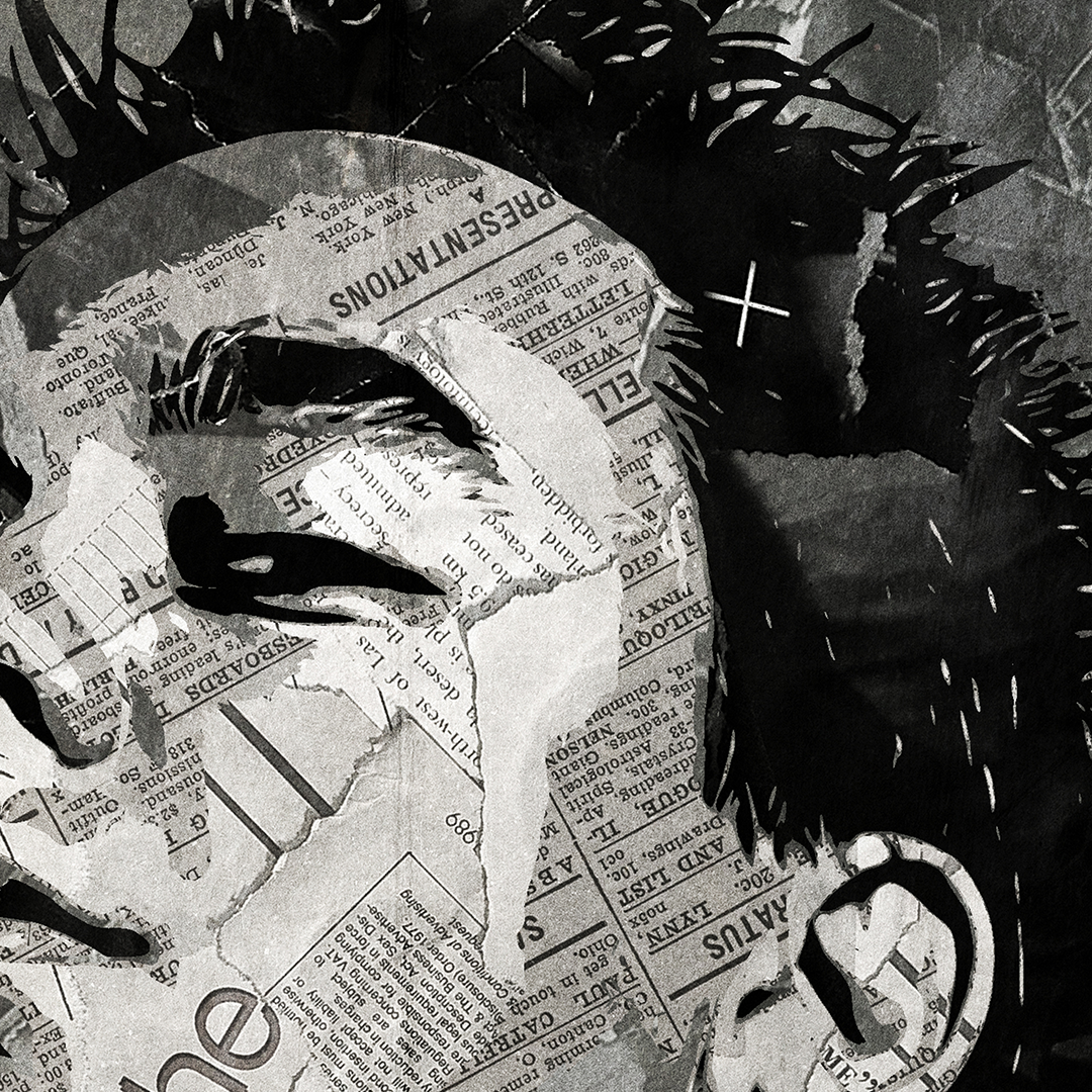 A Mike Shinoda (Linkin Park) poster design - a portrait of Mike Shinoda created using a collage of torn pieces of magazine pages in black and white.