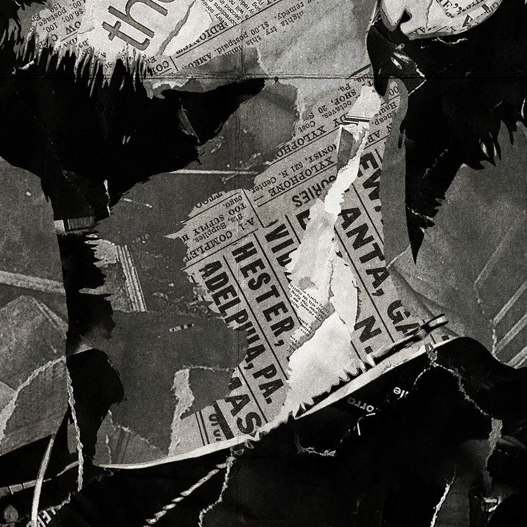 A Mike Shinoda (Linkin Park) poster design - a portrait of Mike Shinoda created using a collage of torn pieces of magazine pages in black and white.
