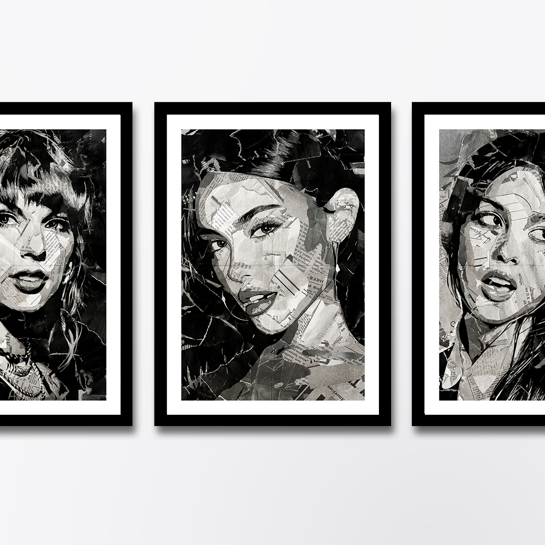 A Madison Beer poster design - a portrait of Madison Beer created using a collage of torn pieces of magazine pages in black and white.