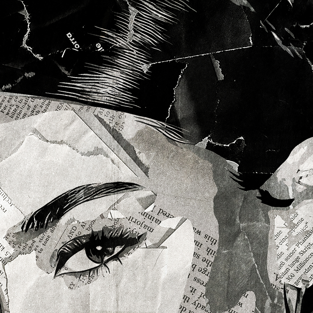 A Madison Beer poster design - a portrait of Madison Beer created using a collage of torn pieces of magazine pages in black and white.