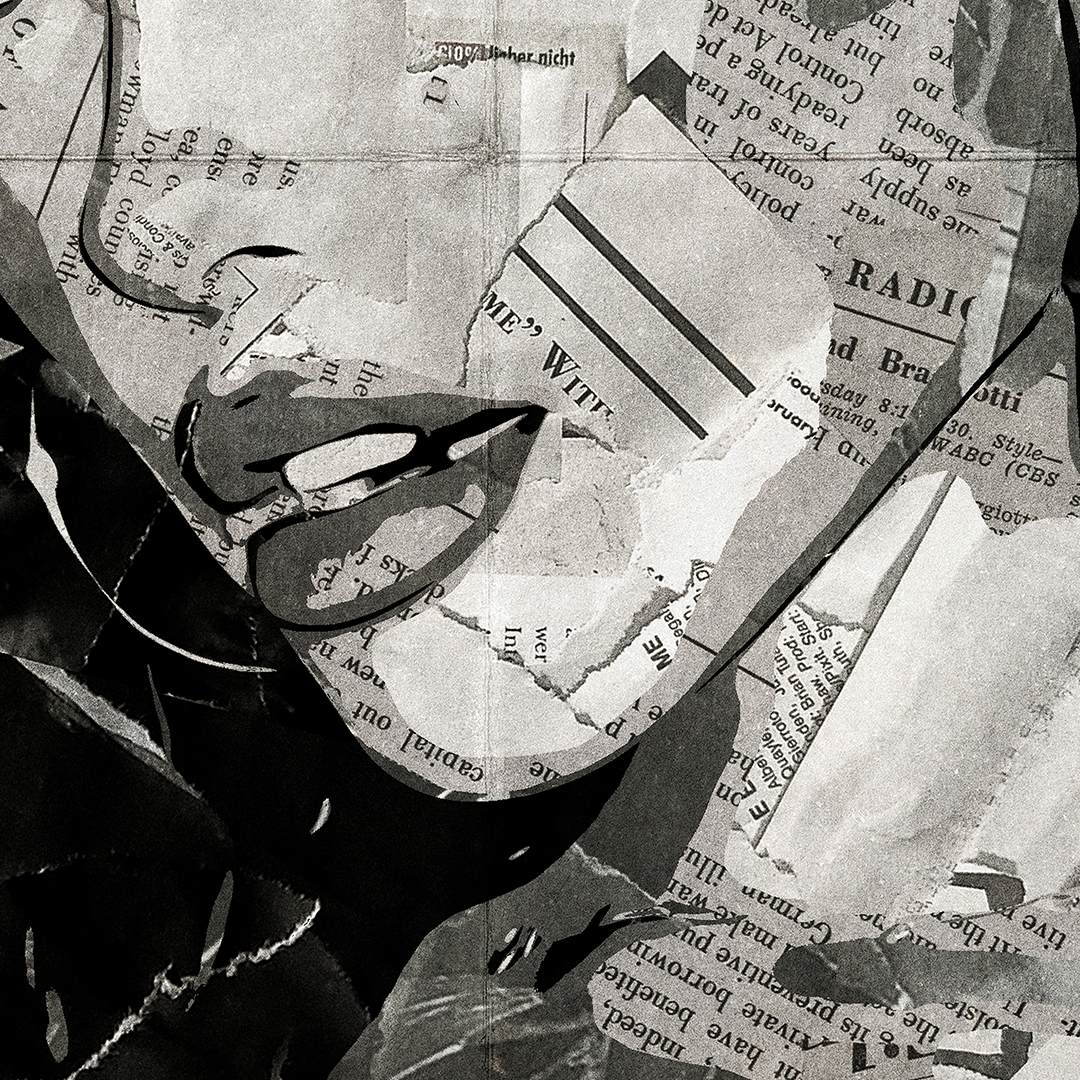 A Madison Beer poster design - a portrait of Madison Beer created using a collage of torn pieces of magazine pages in black and white.