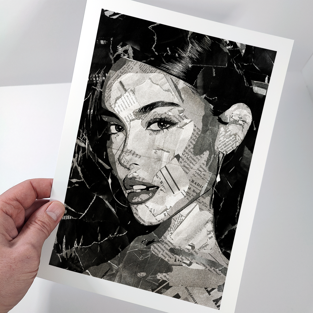 A Madison Beer poster design - a portrait of Madison Beer created using a collage of torn pieces of magazine pages in black and white.