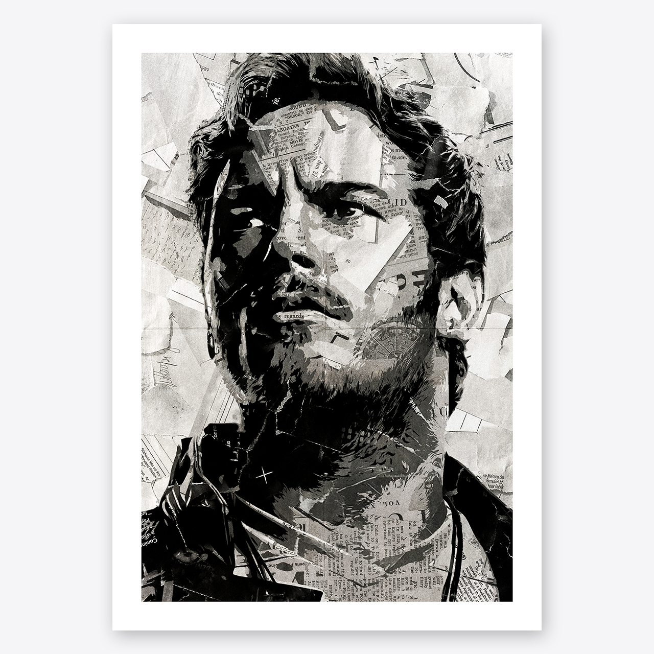 A poster design of Peter Quill / Star Lord as played by Chris Pratt in Guardians of the Galaxy - created using a collage of torn pieces of magazine pages in black and white.
