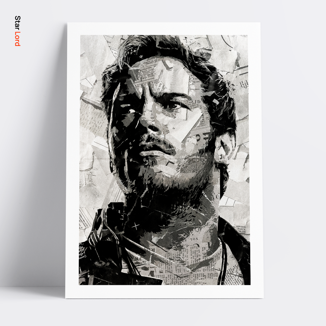A poster design of Peter Quill / Star Lord as played by Chris Pratt in Guardians of the Galaxy - created using a collage of torn pieces of magazine pages in black and white.