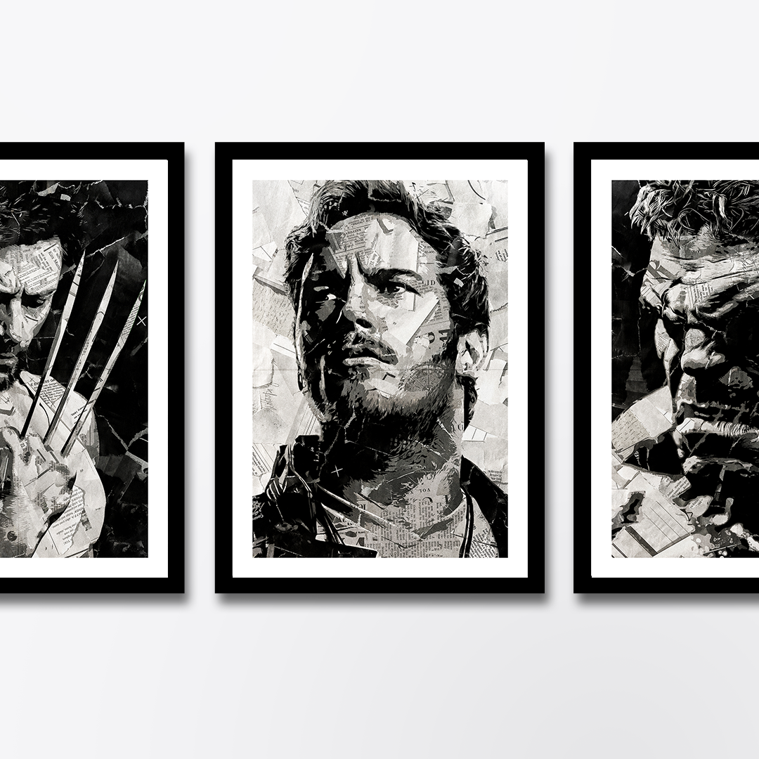 A poster design of Peter Quill / Star Lord as played by Chris Pratt in Guardians of the Galaxy - created using a collage of torn pieces of magazine pages in black and white.
