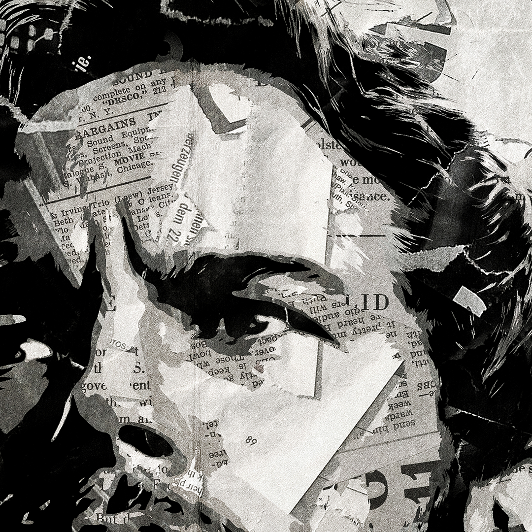 A poster design of Peter Quill / Star Lord as played by Chris Pratt in Guardians of the Galaxy - created using a collage of torn pieces of magazine pages in black and white.