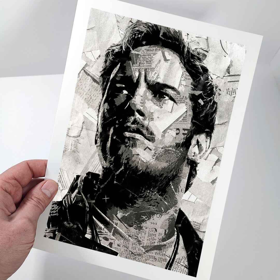 A poster design of Peter Quill / Star Lord as played by Chris Pratt in Guardians of the Galaxy - created using a collage of torn pieces of magazine pages in black and white.