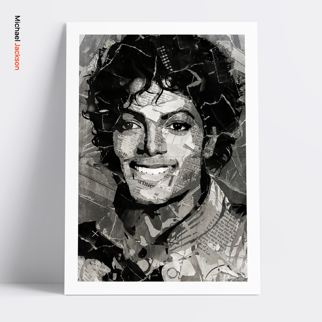 A Michael Jackson poster design - a portrait of Michael Jackson created using a collage of torn pieces of magazine pages in black and white.